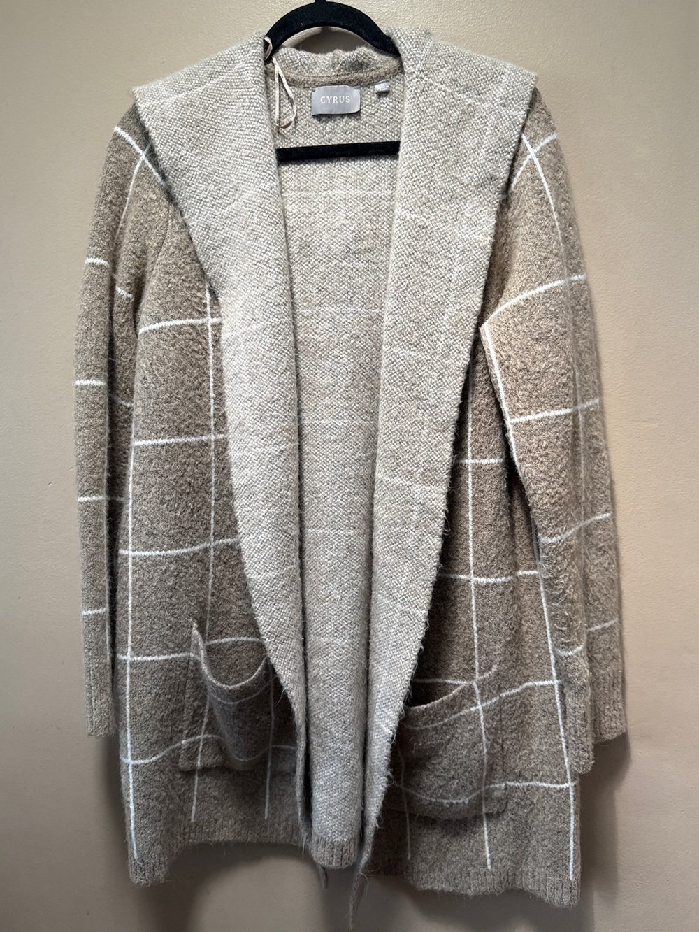 Cyrus Taupe Windowpane Hooded Open Cardigan with Front Pockets